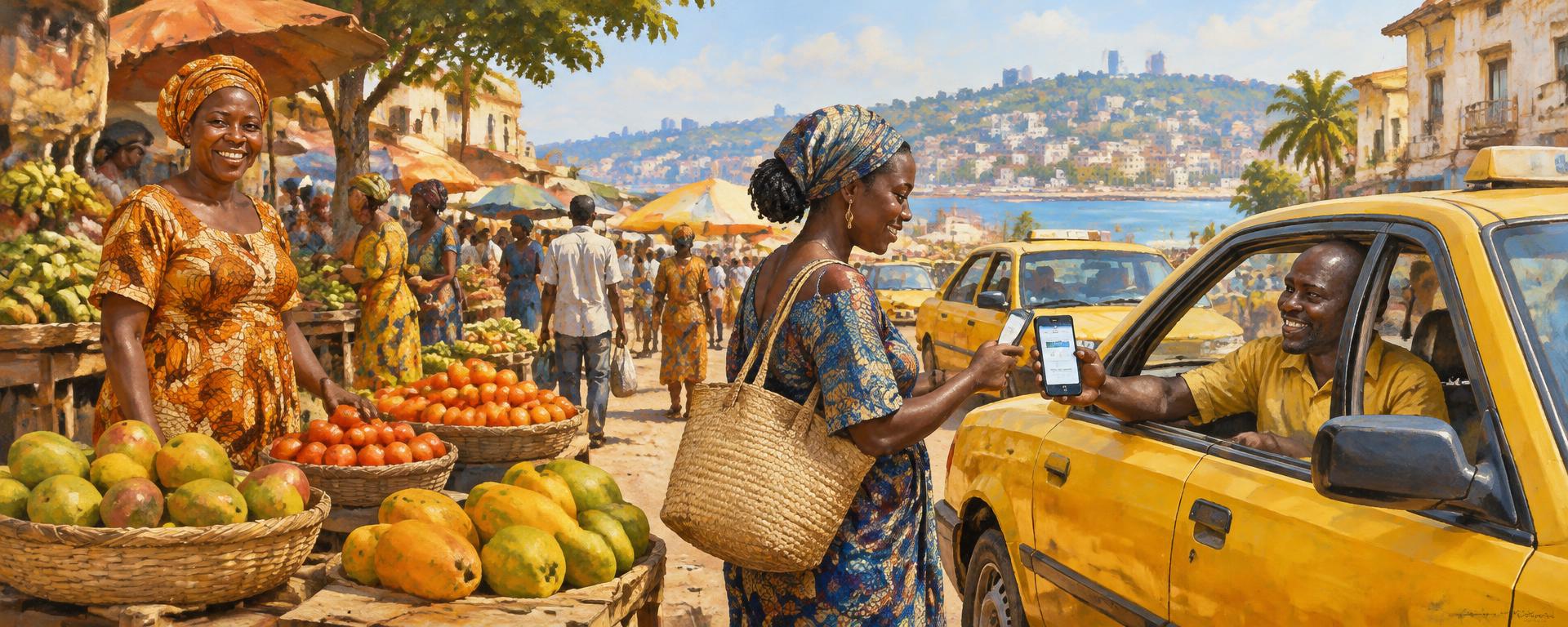 Market vendor, taxi driver and diners paying with Yobü