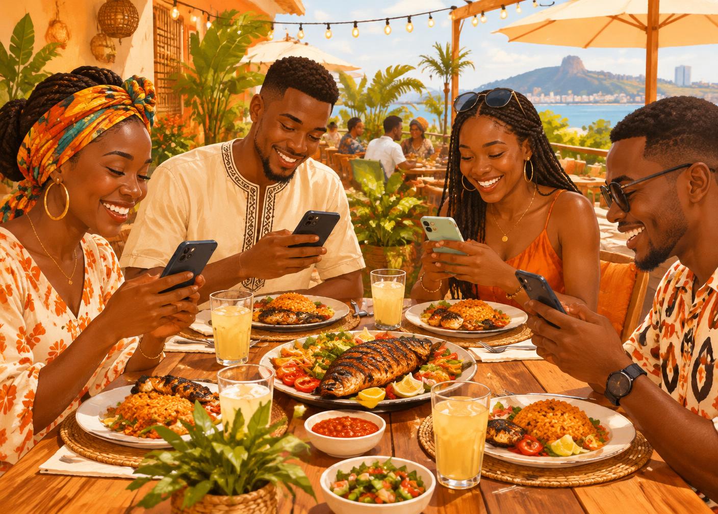 Friends splitting a restaurant bill on their phones
